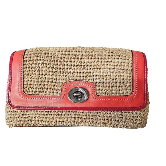 Coach Handbags - Coach Straw Rafia Flap Clutch Wristlet Natural/Tangerine